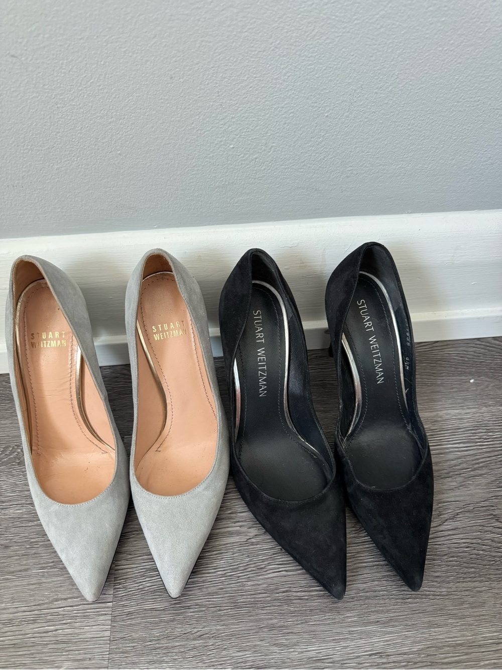Stuart Weitzman Suede Pointed-Toe Pumps in Gray and Black